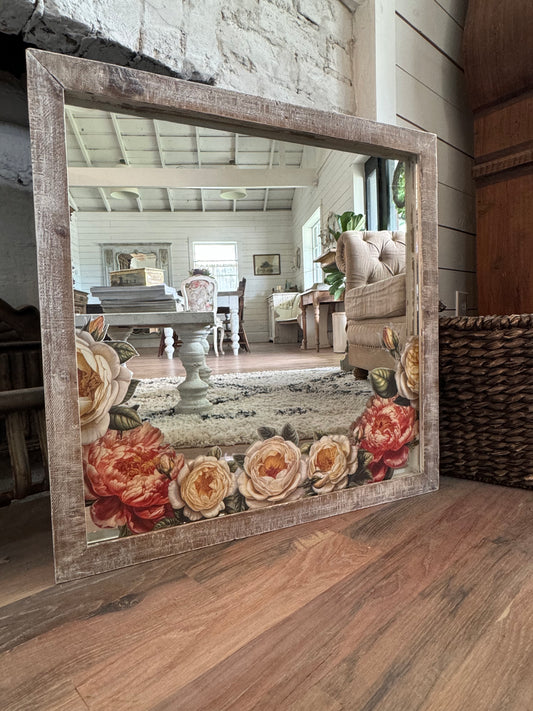 Floral Mirror with Barn Wood Finish Frame 25x25.75”