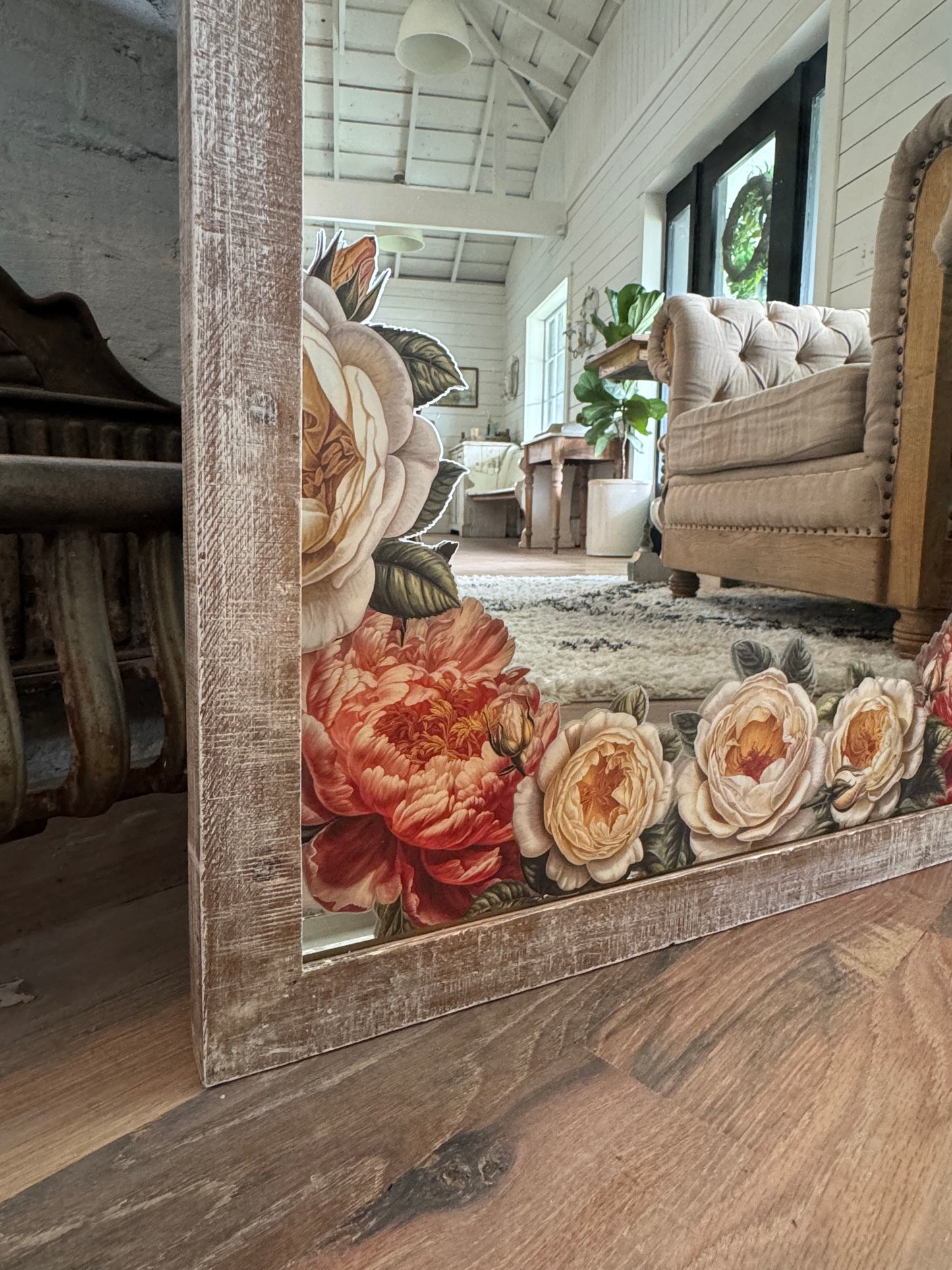 Floral Mirror with Barn Wood Finish Frame 25x25.75”