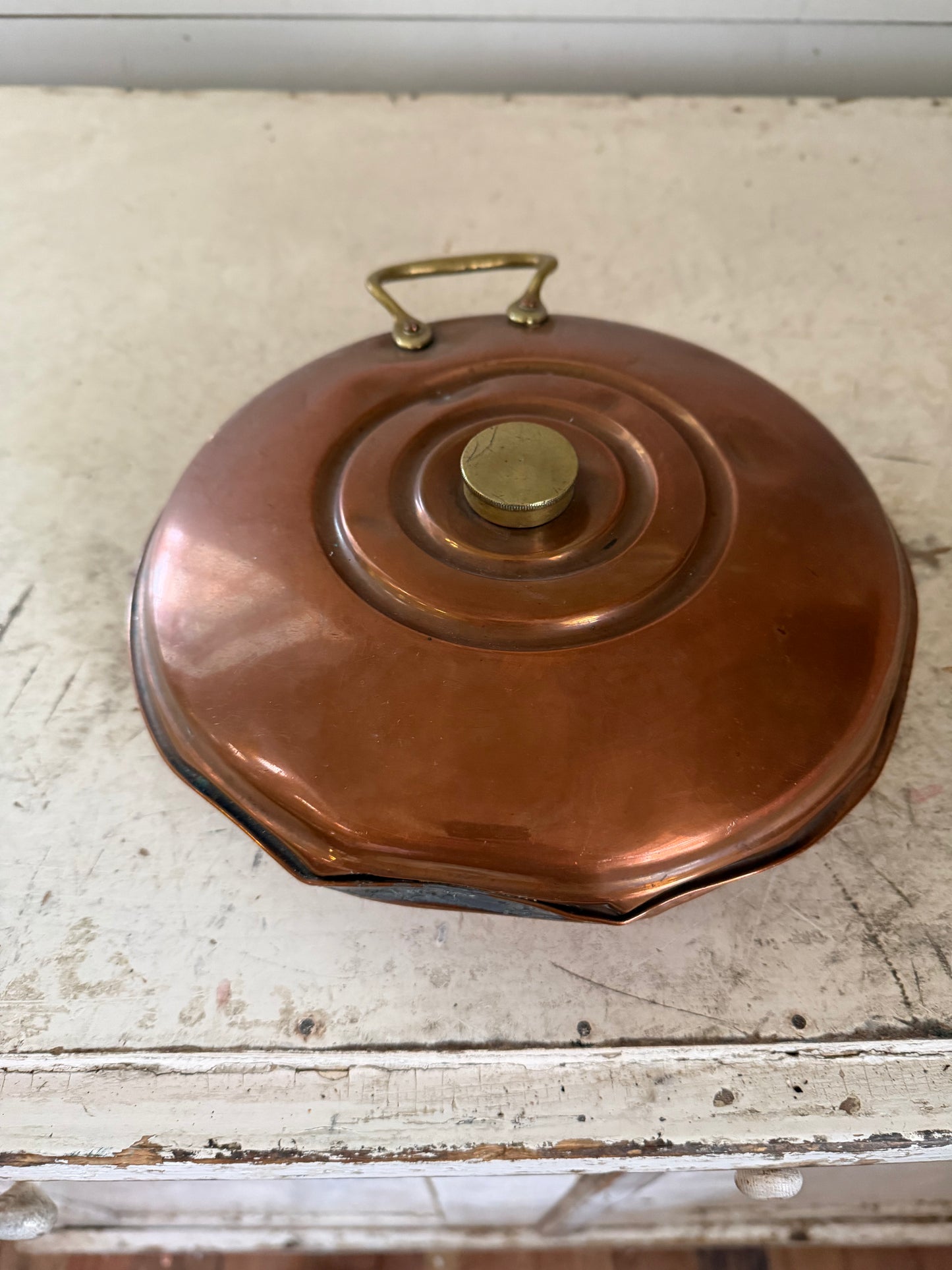 Antique Copper Hot Water Bottle With Brass Lid and Handle