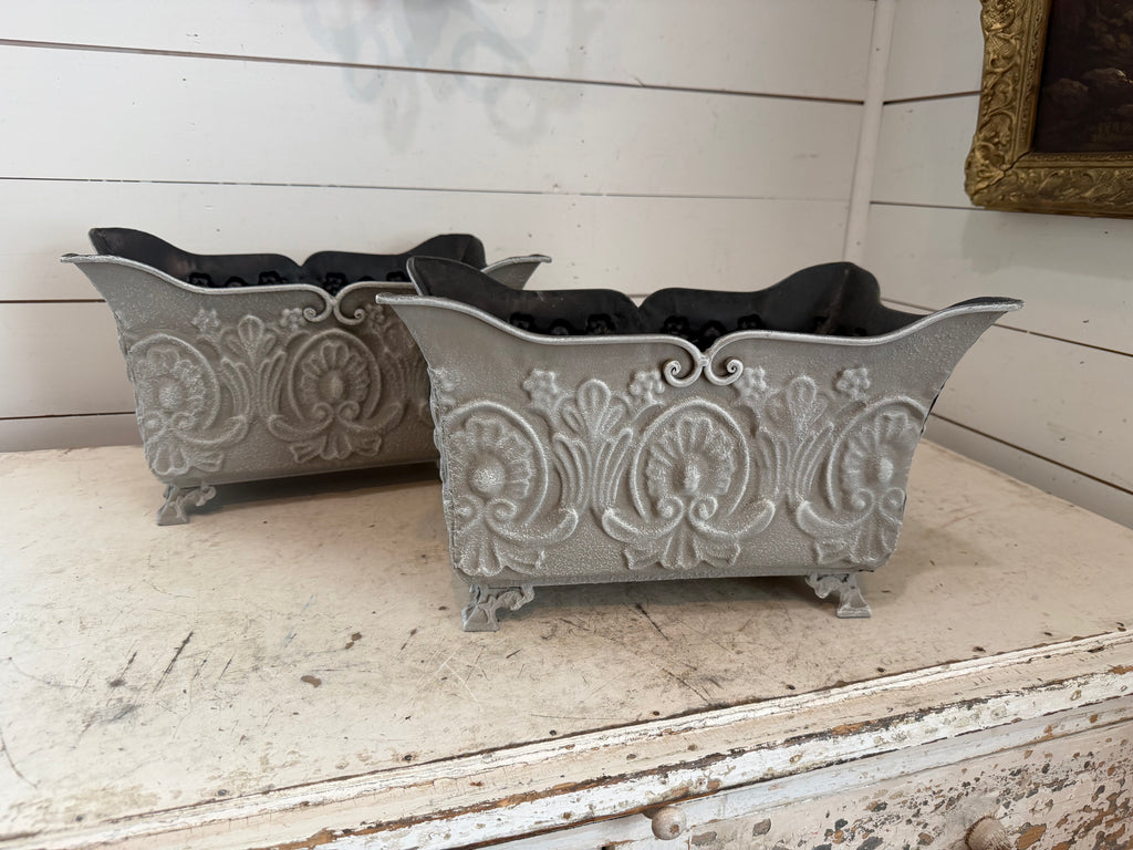 Hand painted Ornate Pressed Tin Footed Planter - SOLD INDIVIDUALLY- 9” tall