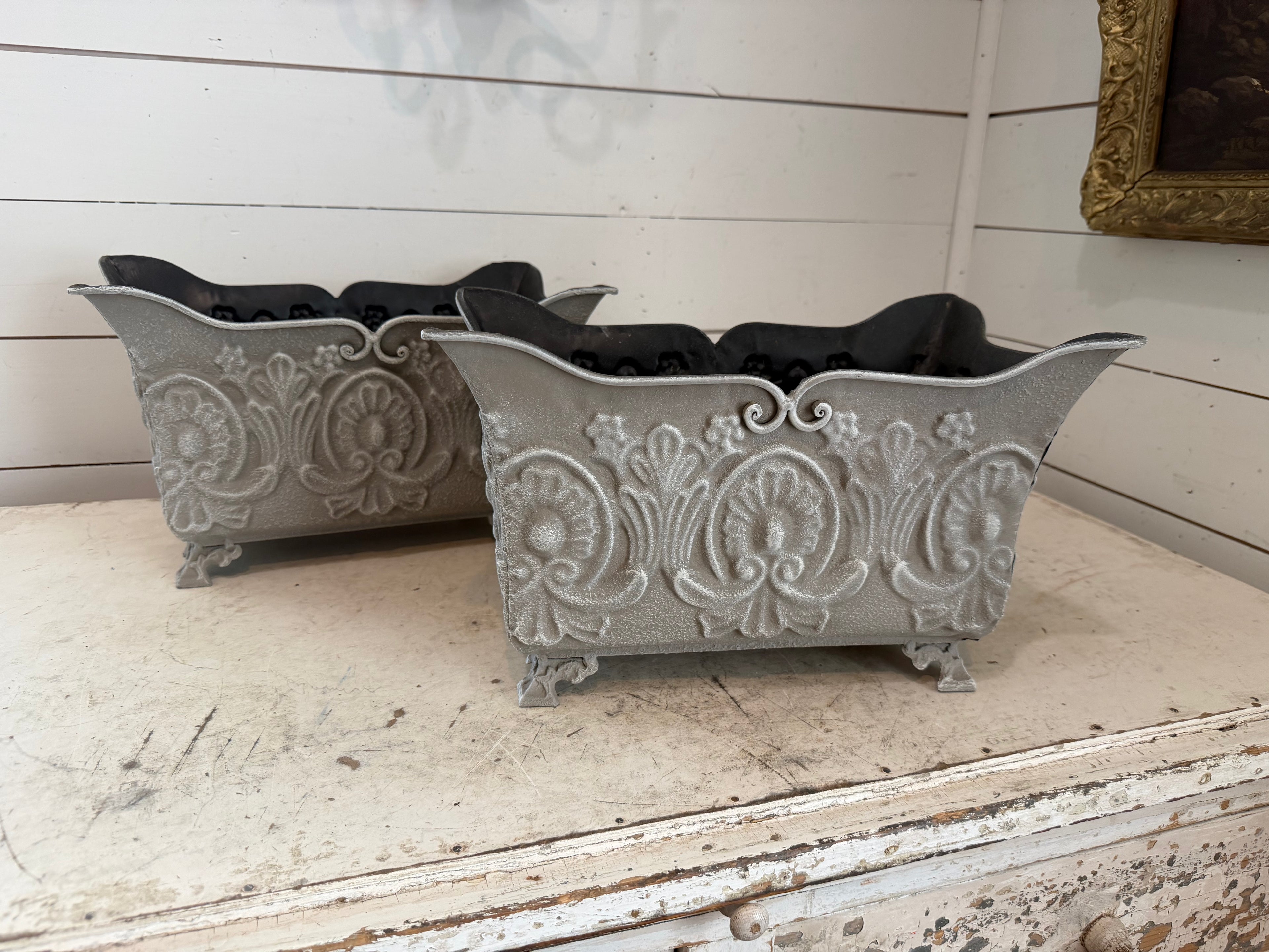 Hand painted Ornate Pressed Tin Footed Planter - SOLD INDIVIDUALLY- 9” tall