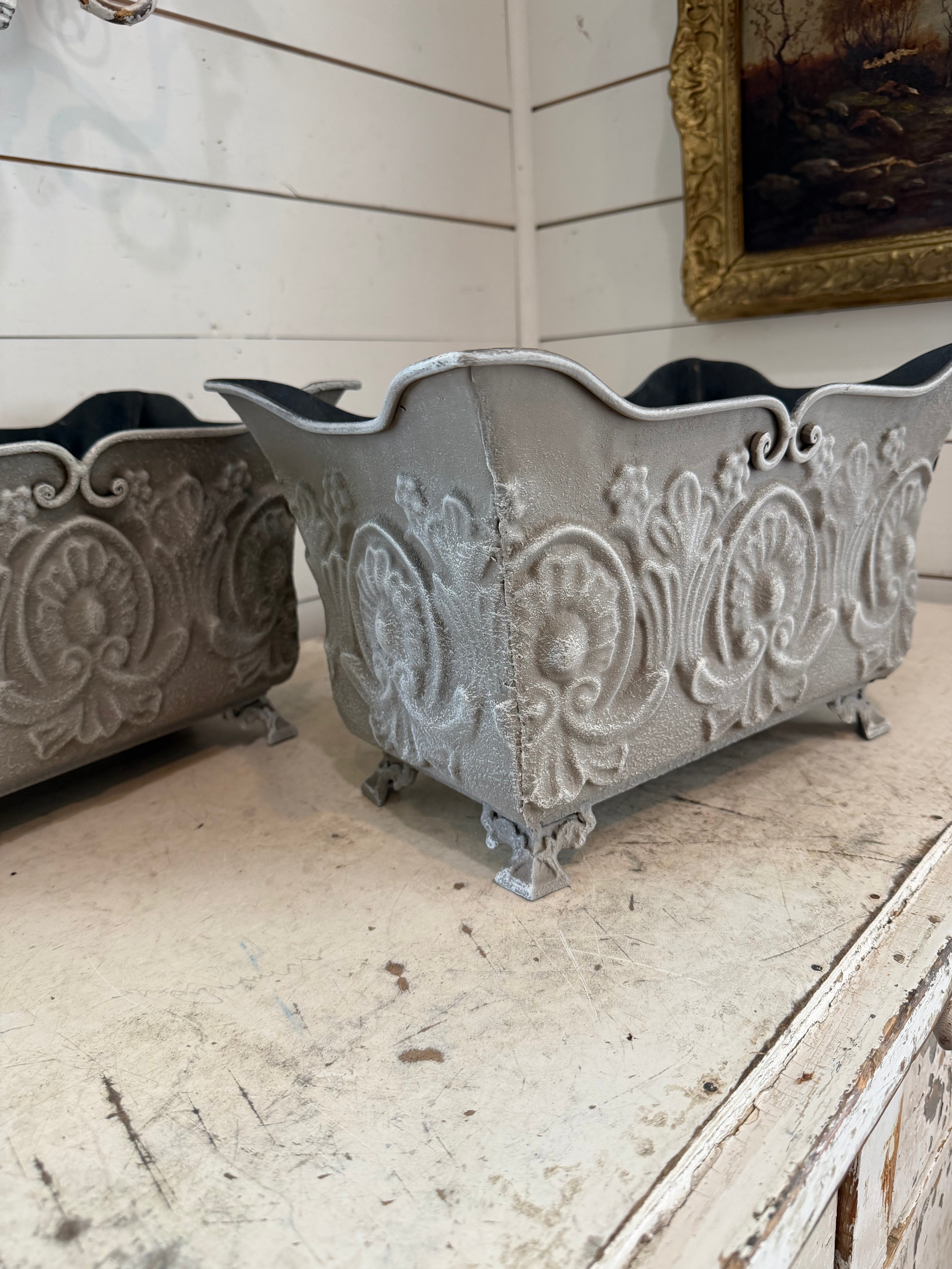 Hand painted Ornate Pressed Tin Footed Planter - SOLD INDIVIDUALLY- 9” tall