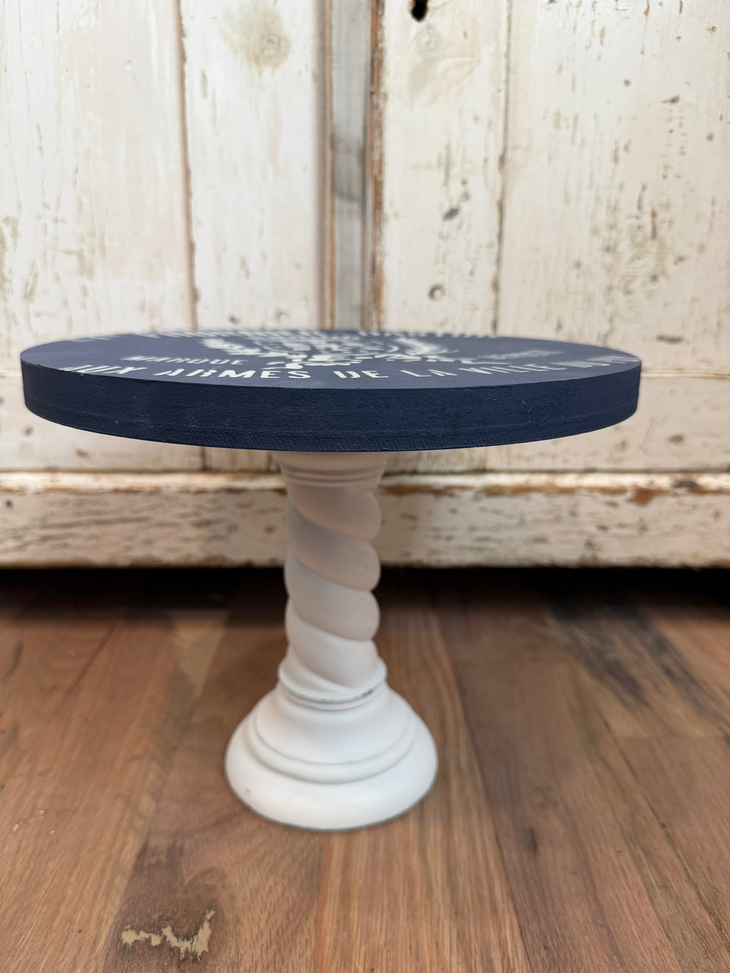 Navy & White Hand Painted Pedastal with French grain sack stencil 8”