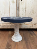 Navy & White Hand Painted Pedastal with French grain sack stencil 8”