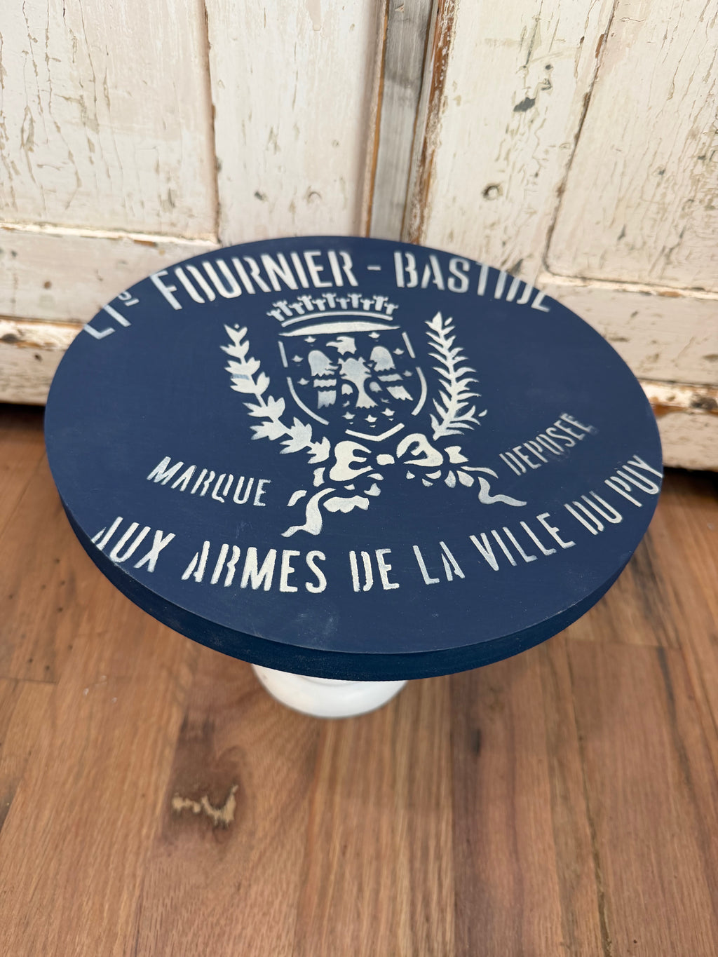 Navy & White Hand Painted Pedastal with French grain sack stencil 8”