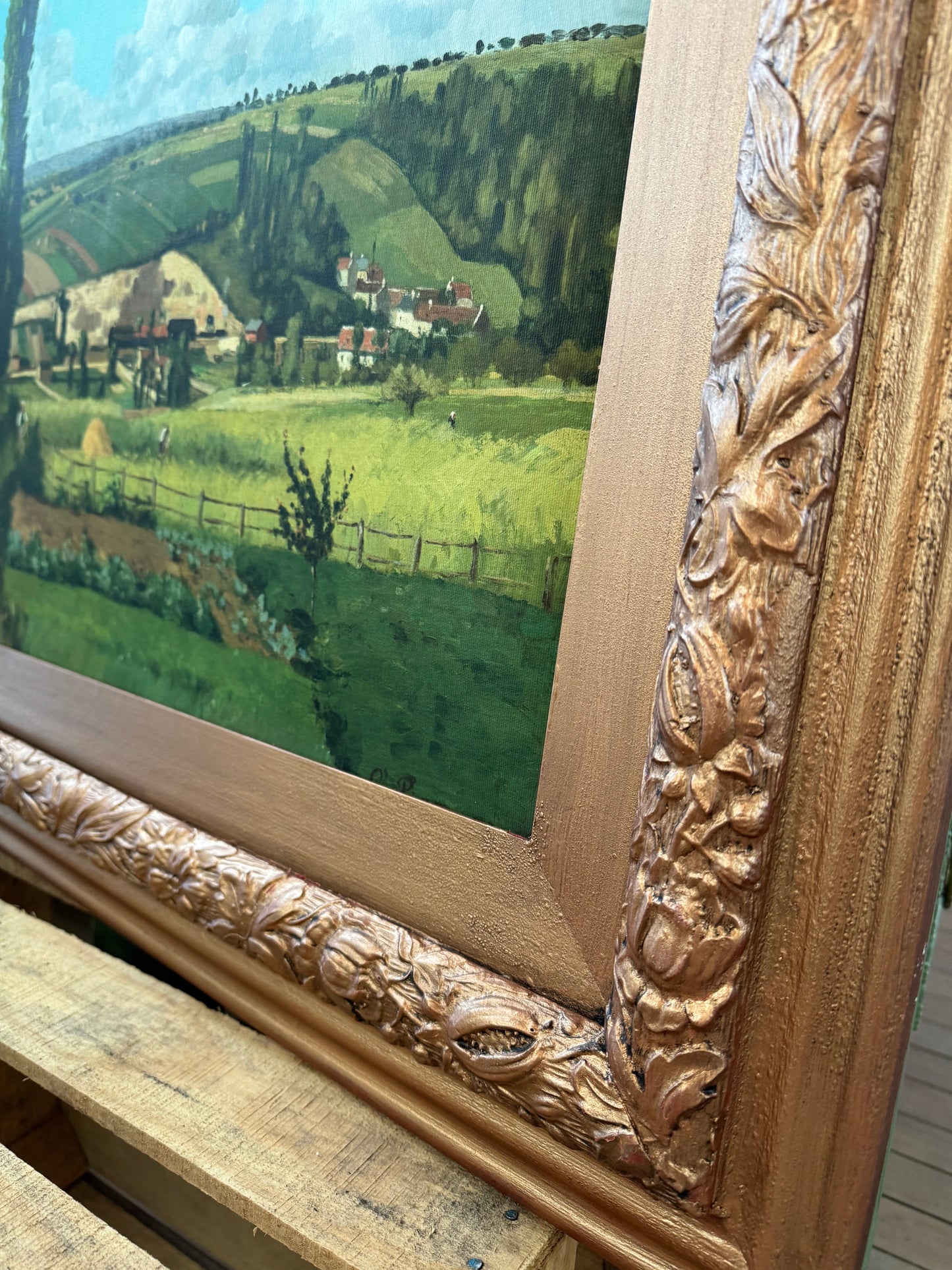 Italian Countryside Canvas in hand painted Copper frame - frame is wood