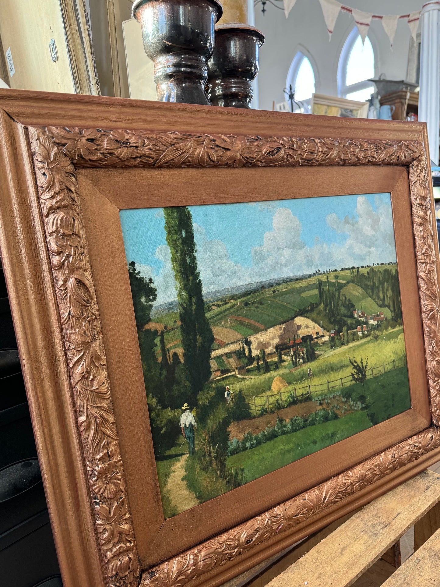 Italian Countryside Canvas in hand painted Copper frame - frame is wood