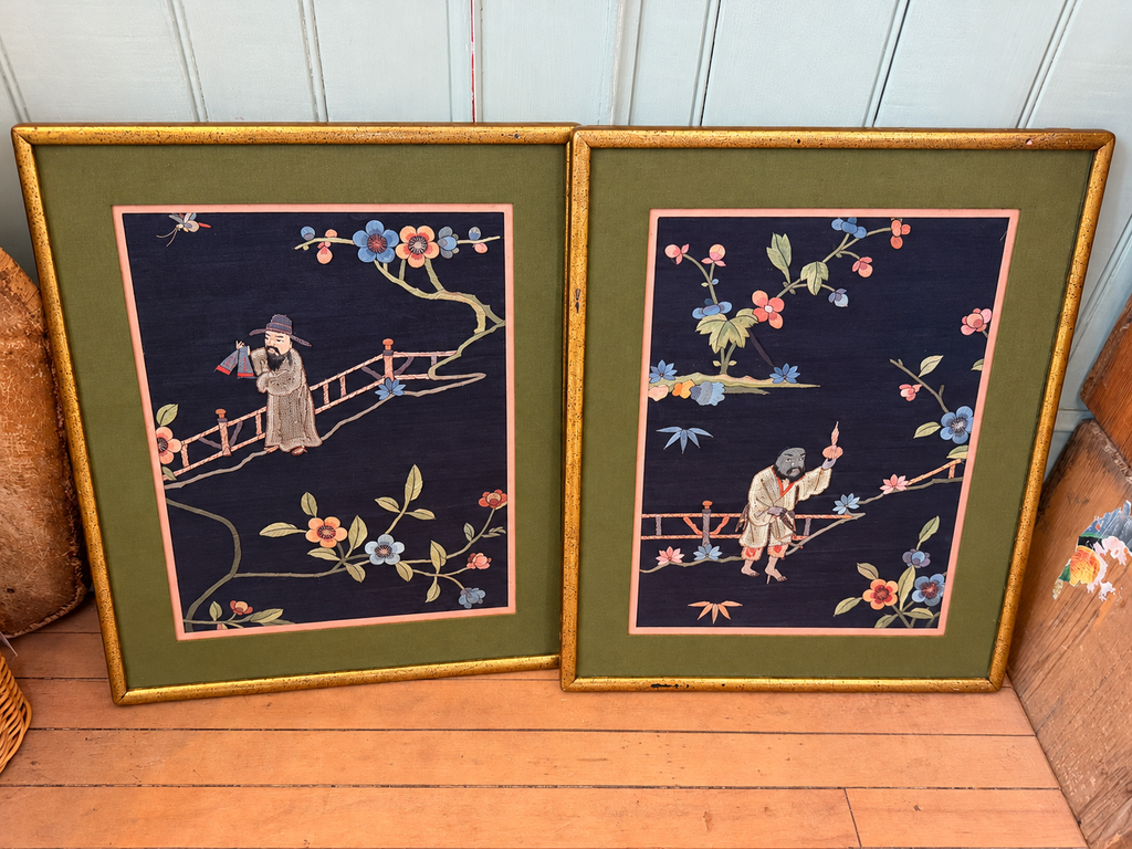 Set of Antique Framed Antique Japanese Embroidery Panel 21x16.5”
