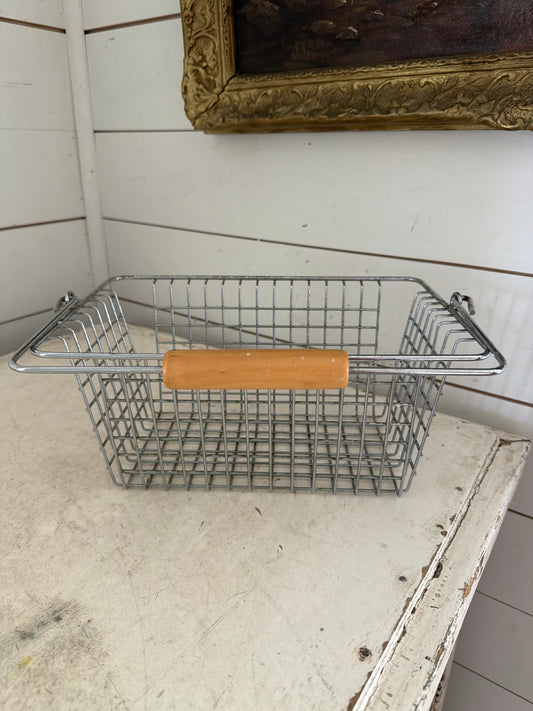 Wire metal basket with wood on handle