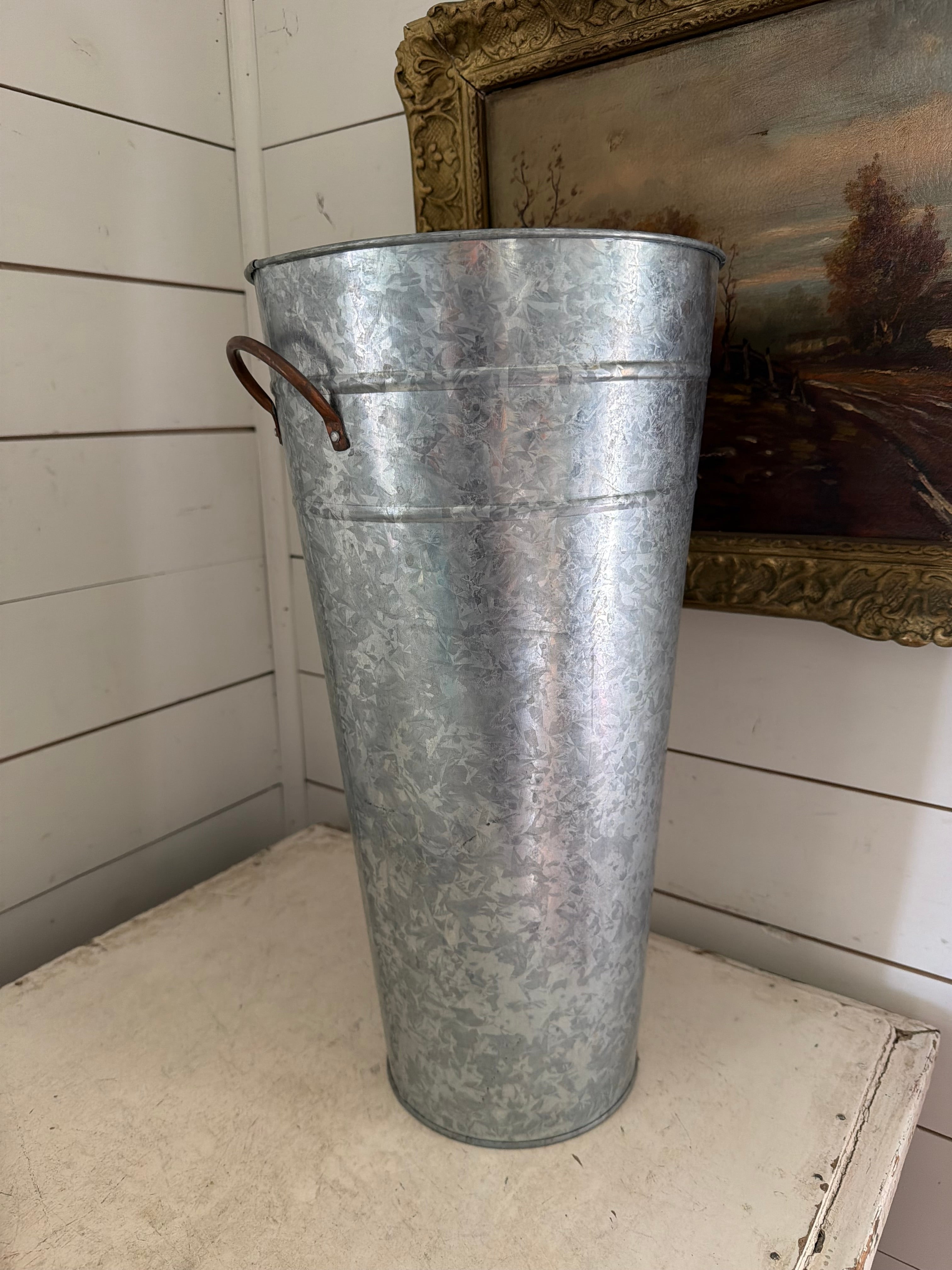 Large oversized, French enamel bucket with brass handles