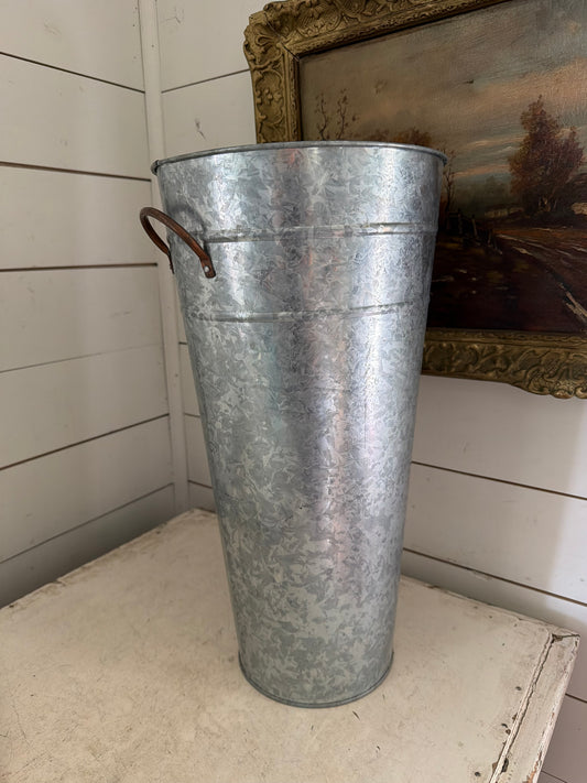 Large oversized, French enamel bucket with brass handles