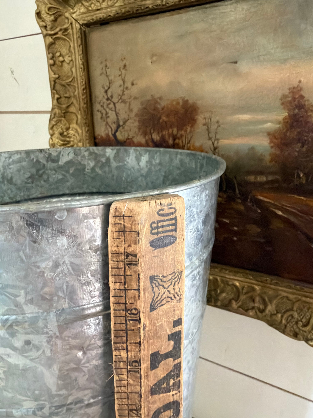 Large oversized, French enamel bucket with brass handles