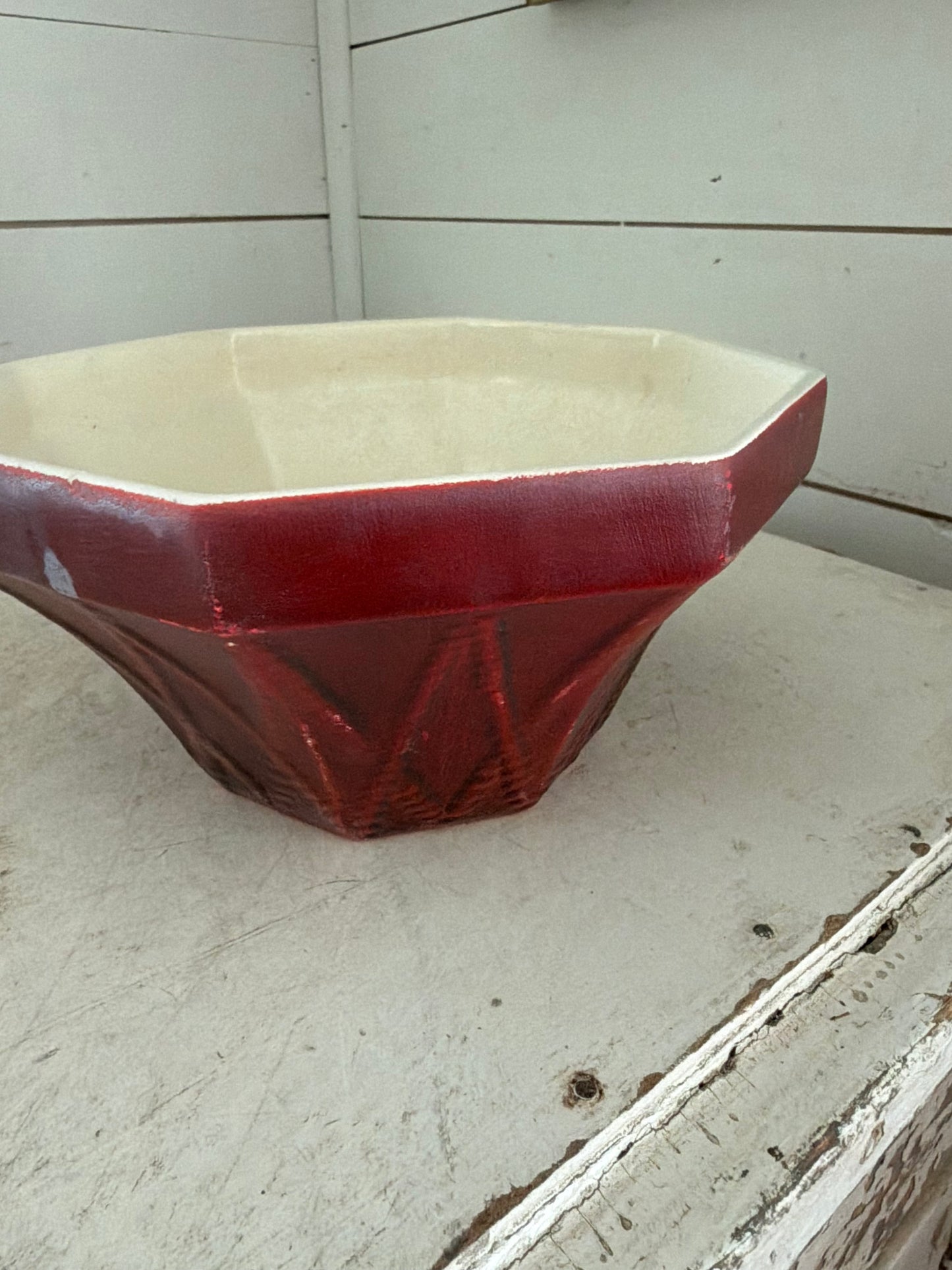 Vintage Haeger Pottery Planter Octagonal Red #834 USA Made Cream On Inside as is