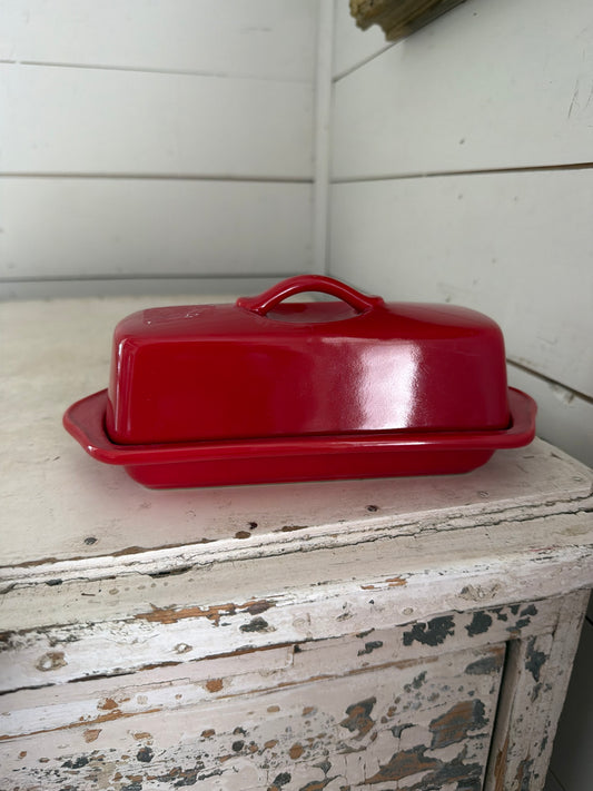 Red ceramic butter dish