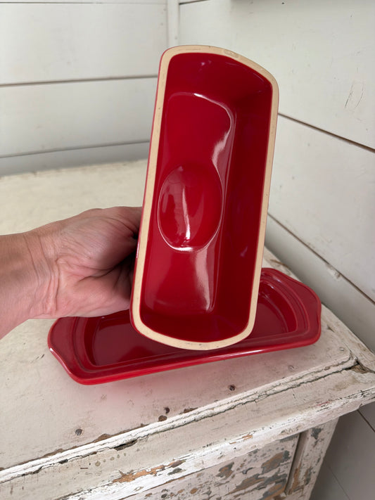 Red ceramic butter dish