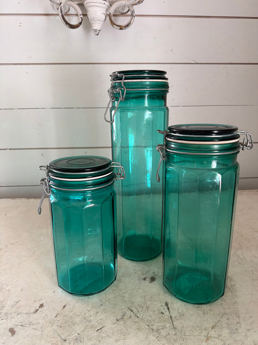 Vintage 3 Pc Teal Green Paneled Glass Wire Bale Kitchen Canister Set
