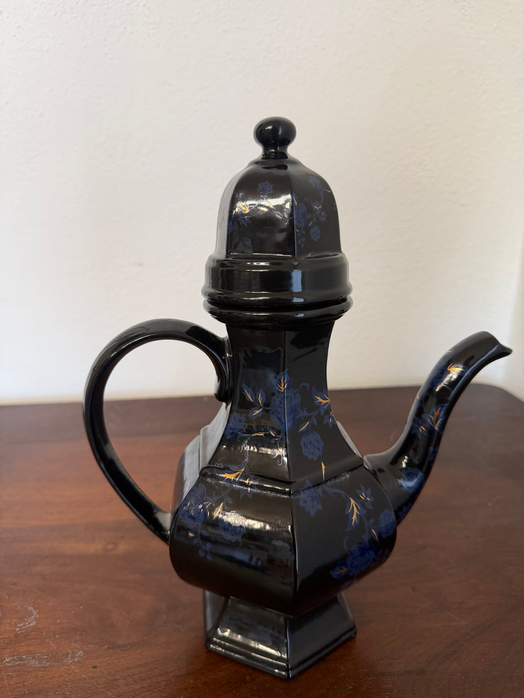 Vintage European ceramic teapot brown with blue flowers