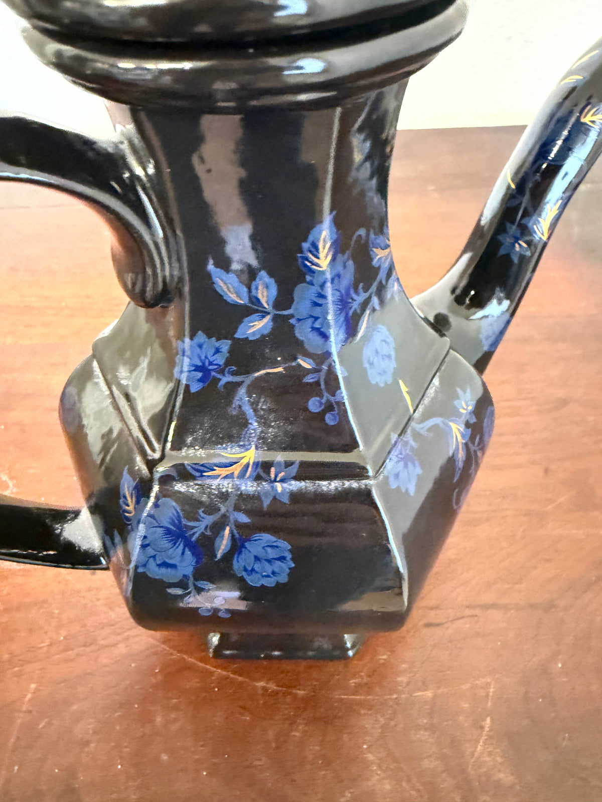 Vintage European ceramic teapot brown with blue flowers