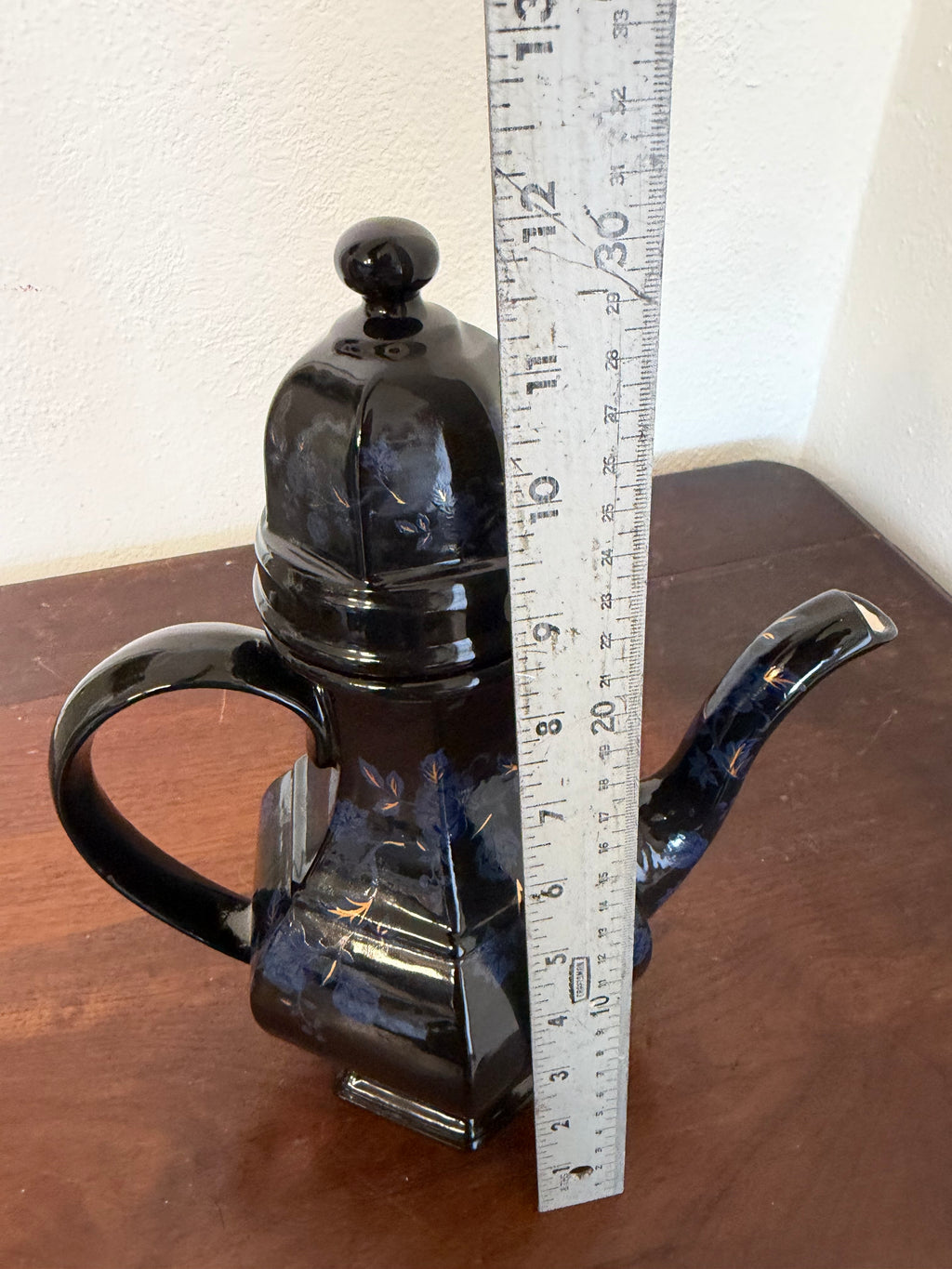 Vintage European ceramic teapot brown with blue flowers