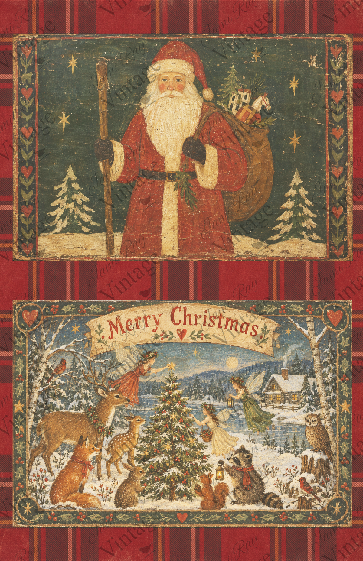 Vintage folk-art Santa and a snowy woodland Christmas scene with fairies, deer, foxes, an owl, and a decorated tree.