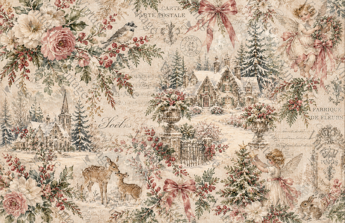 Soft pink and cream Christmas collage with roses, bows, winter greenery, berries, vintage script, and sheet music.