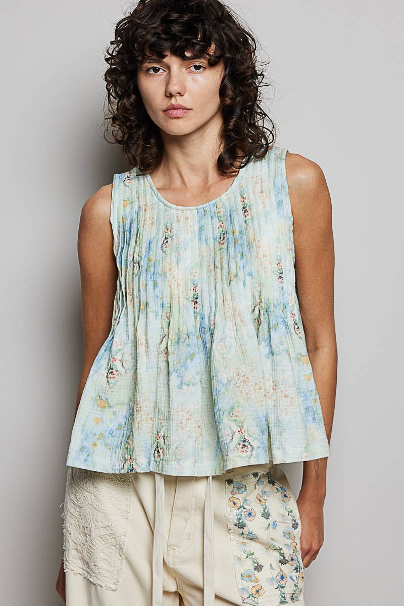 Round Neck Double Gauze Pintuck Floral Sleeveless Top