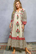 Block Print Floral Shirring Flowy Maxi Dress
