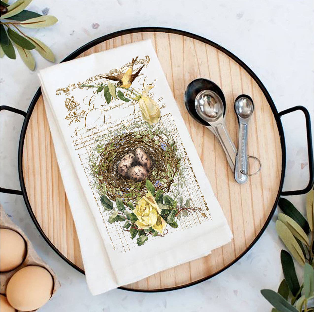 Tea Towel Vintage Shabby Chic Birds Nest Roses