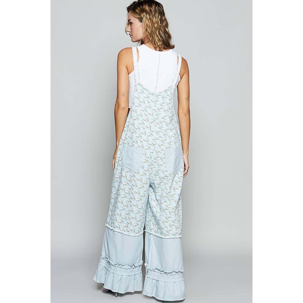 Floral pattern ruffle pockets overall pants - Romper - Bibs – Jami Ray ...
