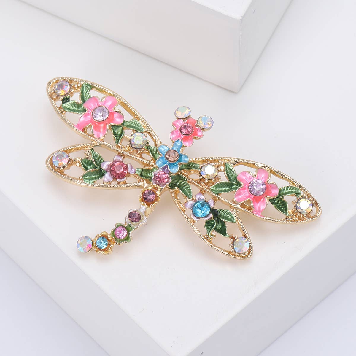Floral Dragonfly Brooch, Colorful Rhinestone Insect Pin
