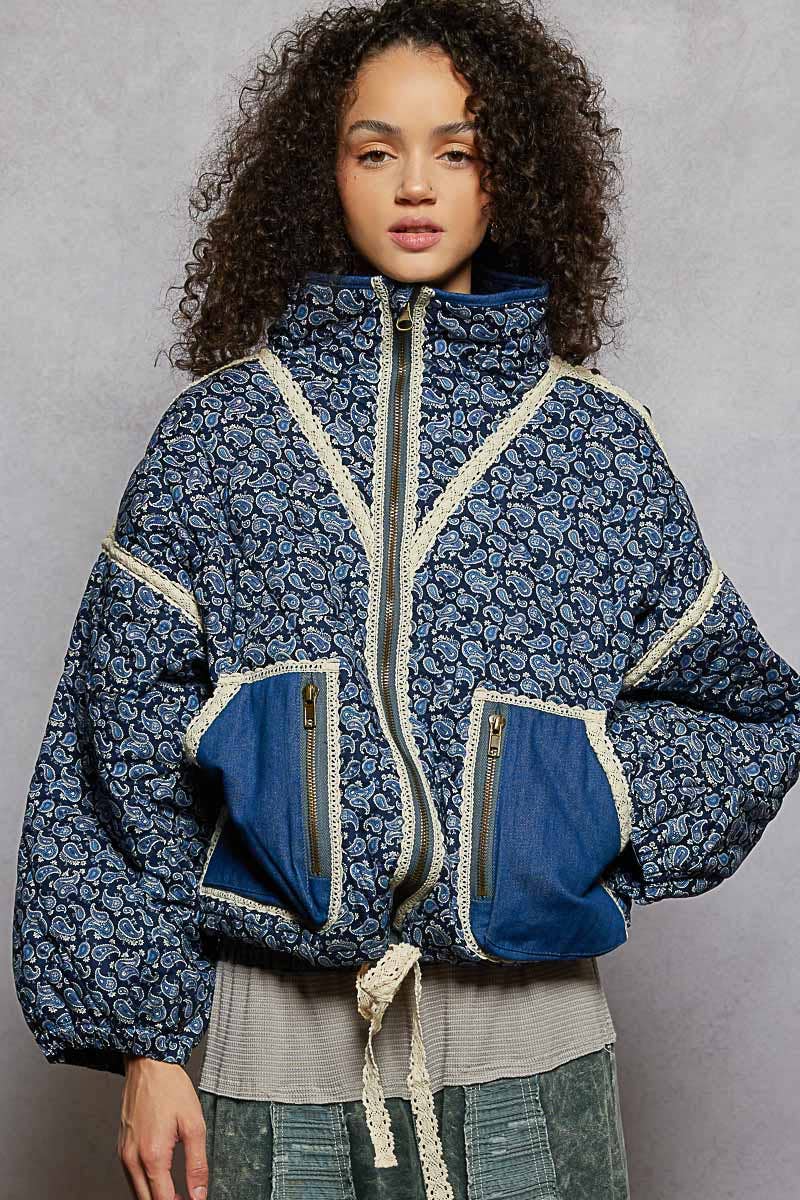 Paisley Pattern Lace Trim Reversible Padded Jacket