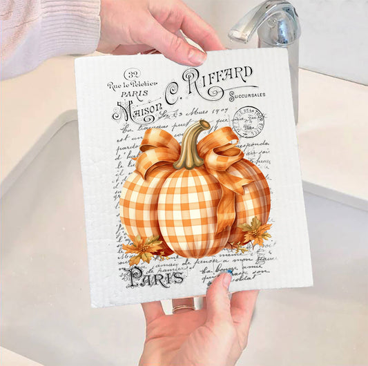 Fall Autumn French Checkered Pumpkins Swedish Dish Cloth
