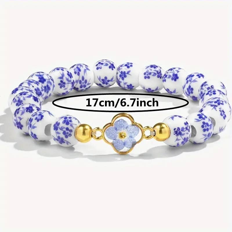 Boho Blue White Floral Pressed Flower Beaded Bracelet