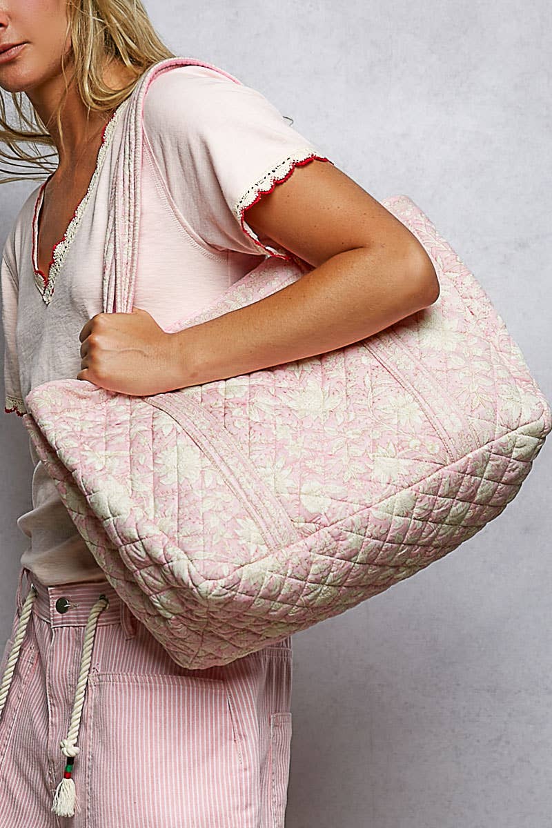 Bohemian Block Print Floral Print Woven Tote Bag