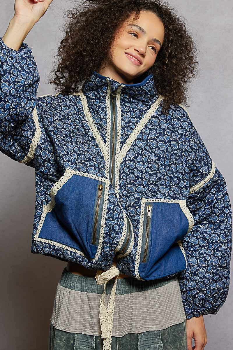 Paisley Pattern Lace Trim Reversible Padded Jacket
