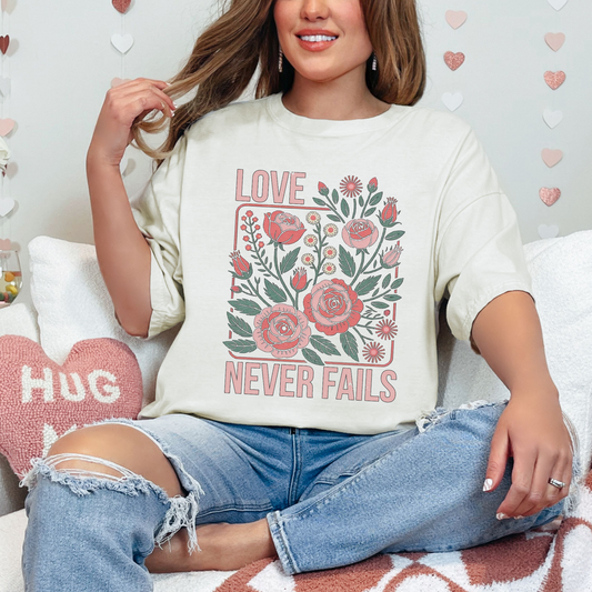 Love Never Fails Vintage Floral Christian Valentines T Shirt