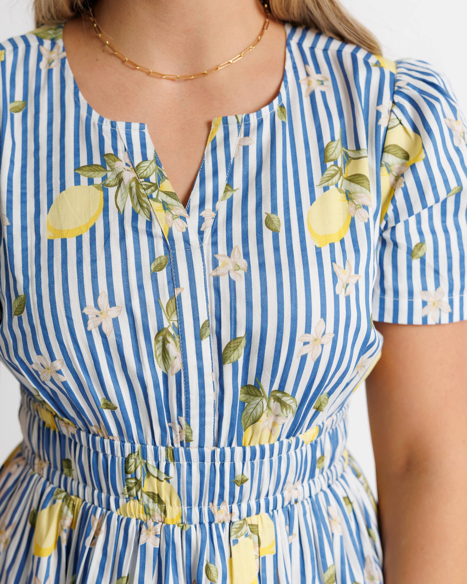 Blue Striped with Lemon Print Short Sleeve Knee Length Dress Jami Ray Vintage Blue Striped with Lemon Print Short Sleeve Knee Length Dress Jami Ray Vintage