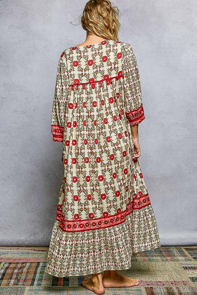 Block Print Floral Shirring Flowy Maxi Dress