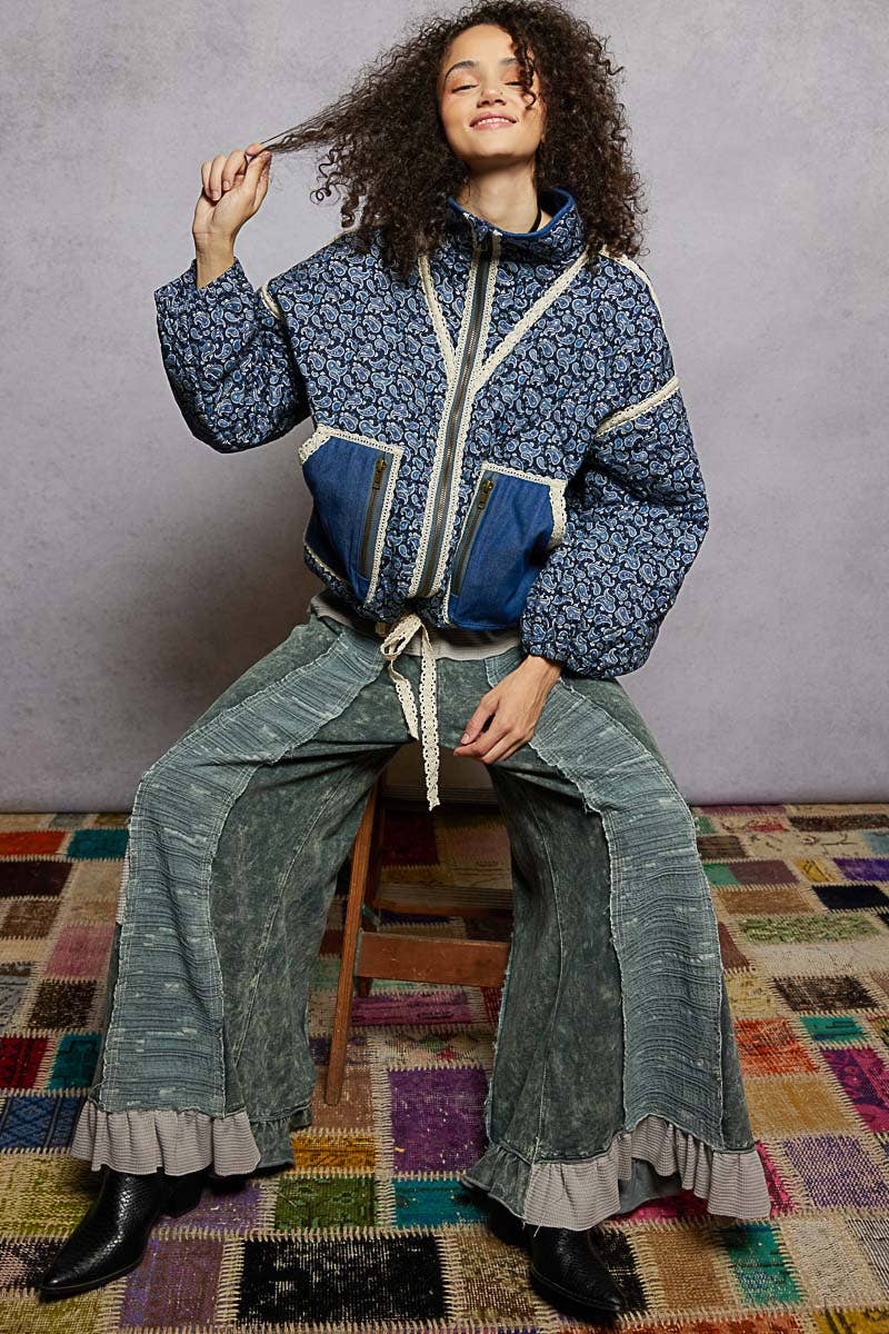 Paisley Pattern Lace Trim Reversible Padded Jacket