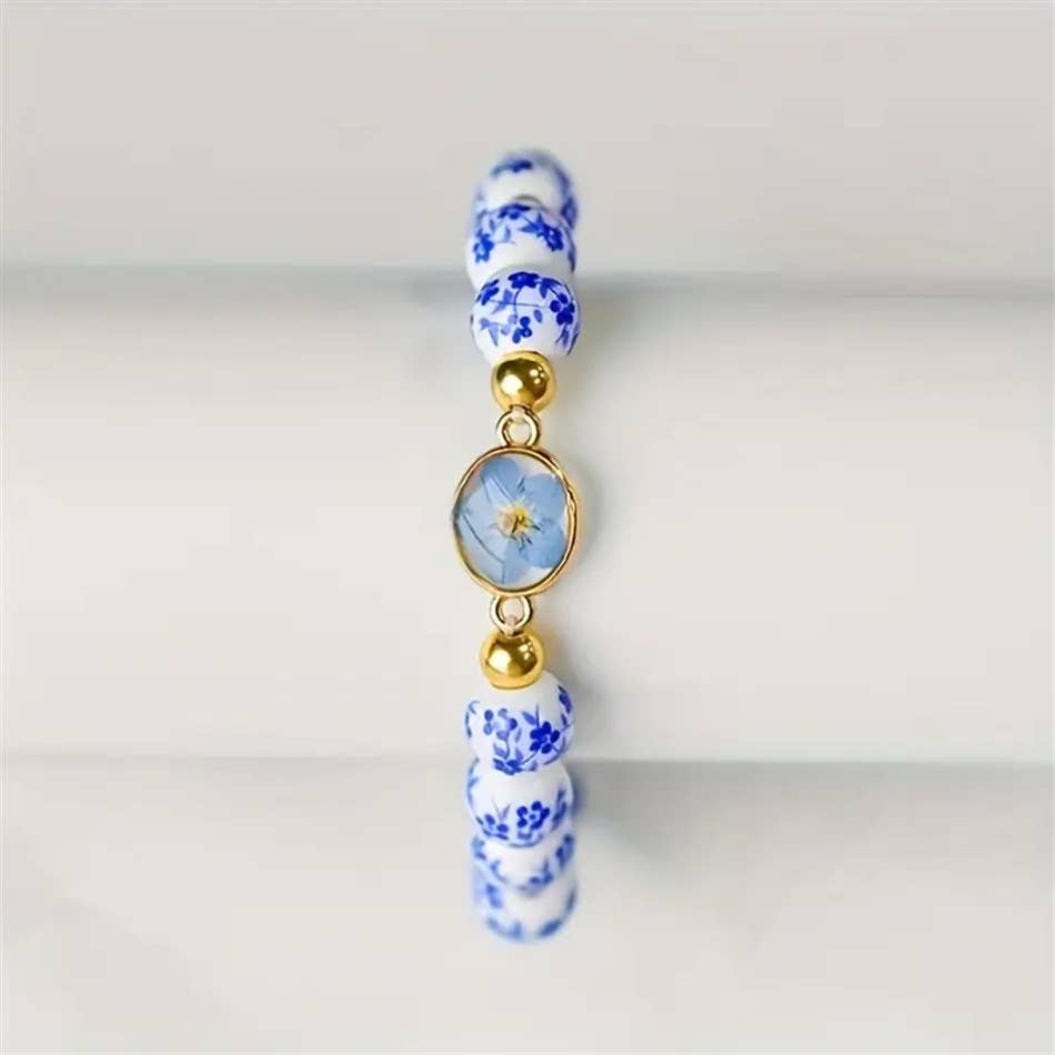Boho Blue White Floral Pressed Flower Beaded Bracelet