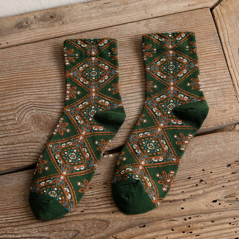Retro diamond floral women's mid-calf socks - each pair sold individually
