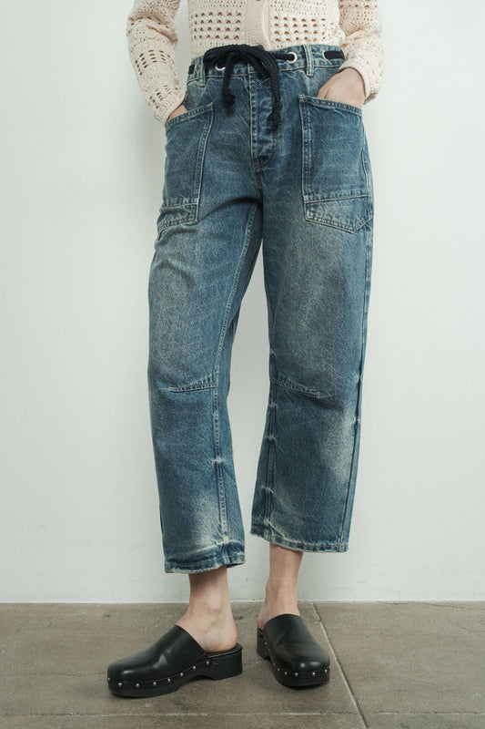Barrel Denim Pants with Eyelet Waist: Medium Wash