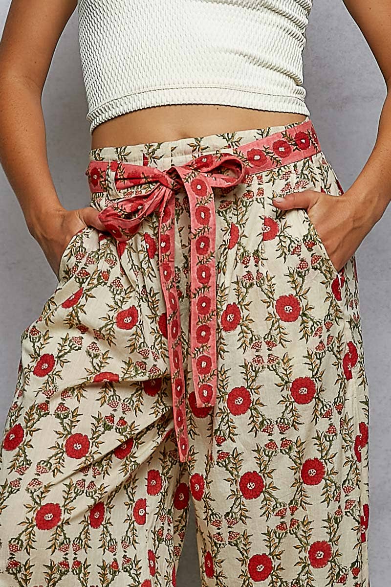 Waist Belt Floral Pattern Straight Fit Pants