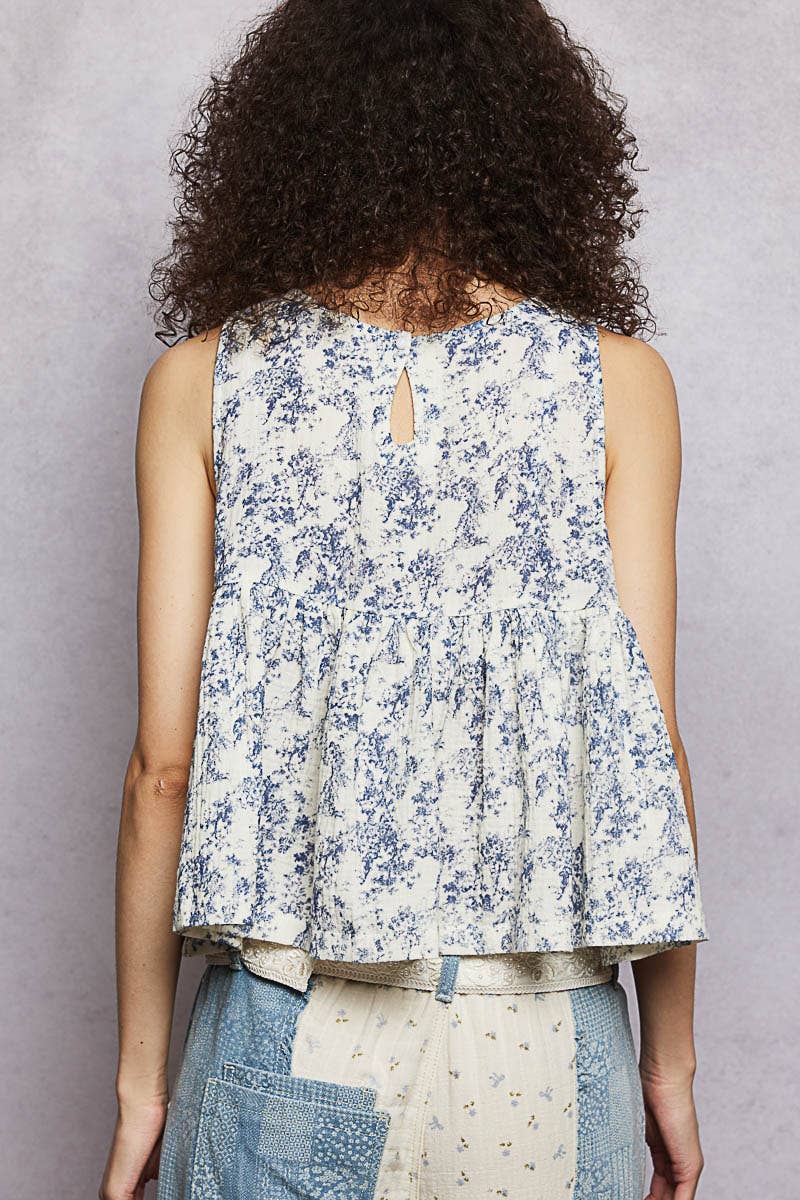 Round Neck Double Gauze Pintuck Floral Sleeveless Top