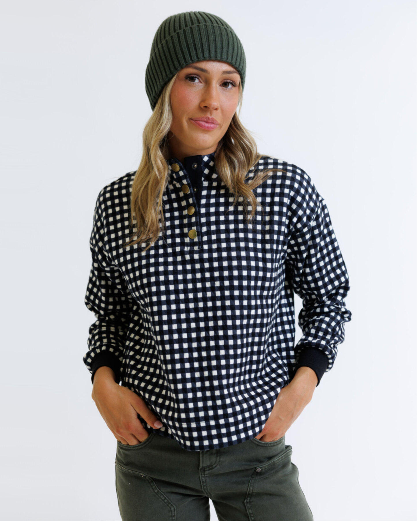 Puffy Gingham Mock Neck Half Button Long Sleeve Pullover
