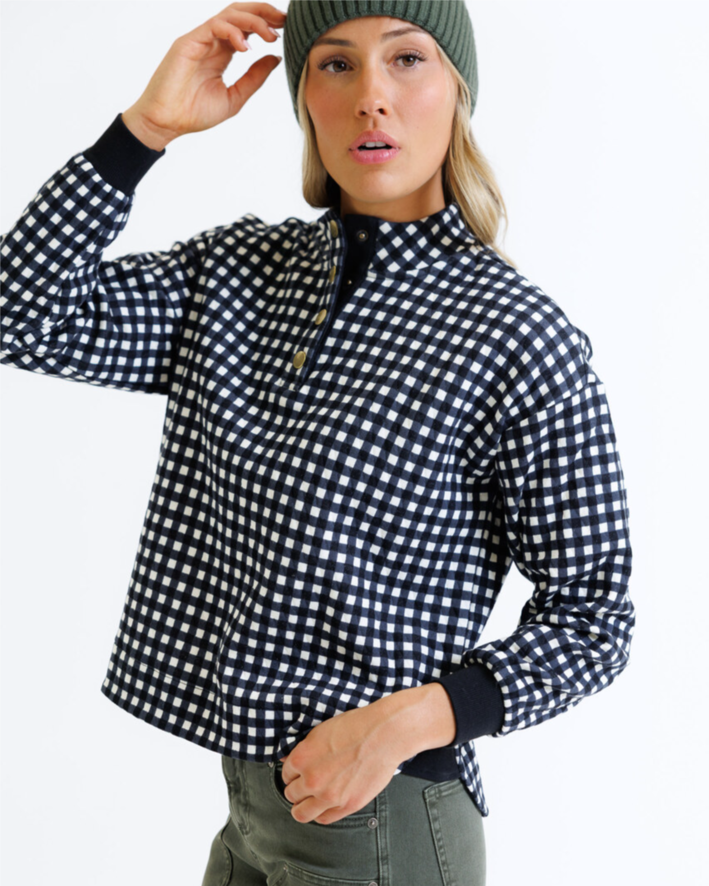 Puffy Gingham Mock Neck Half Button Long Sleeve Pullover