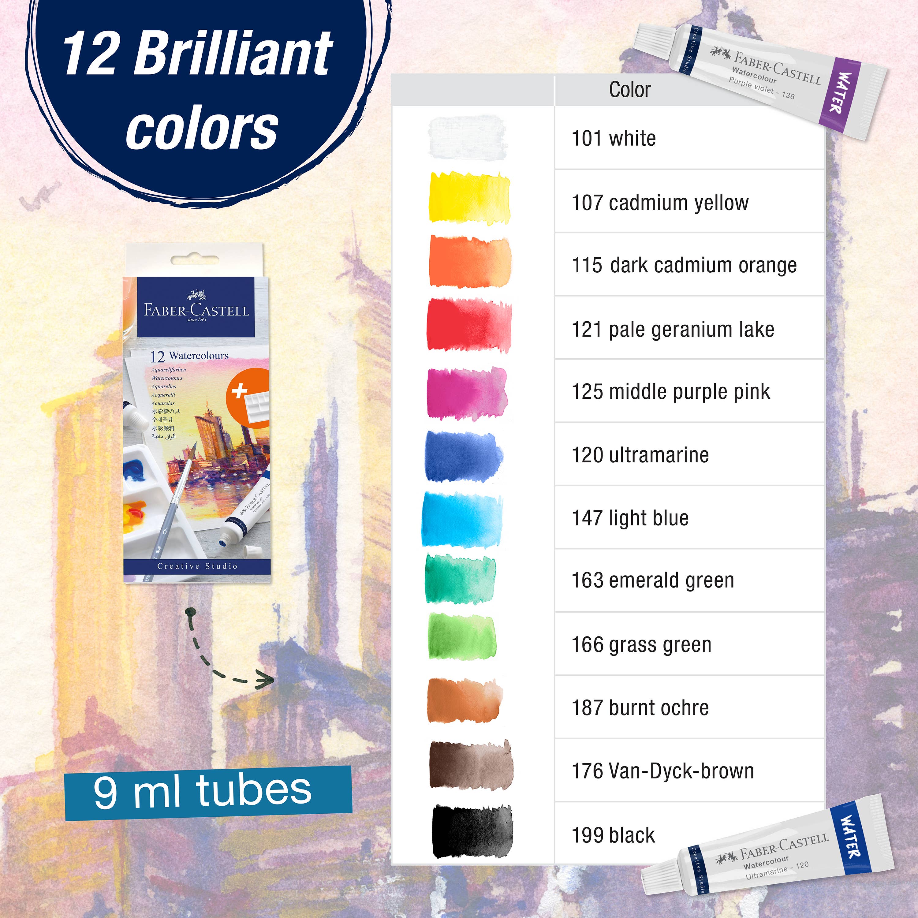 Watercolors, Set of 12 Paint Tubes for Artists