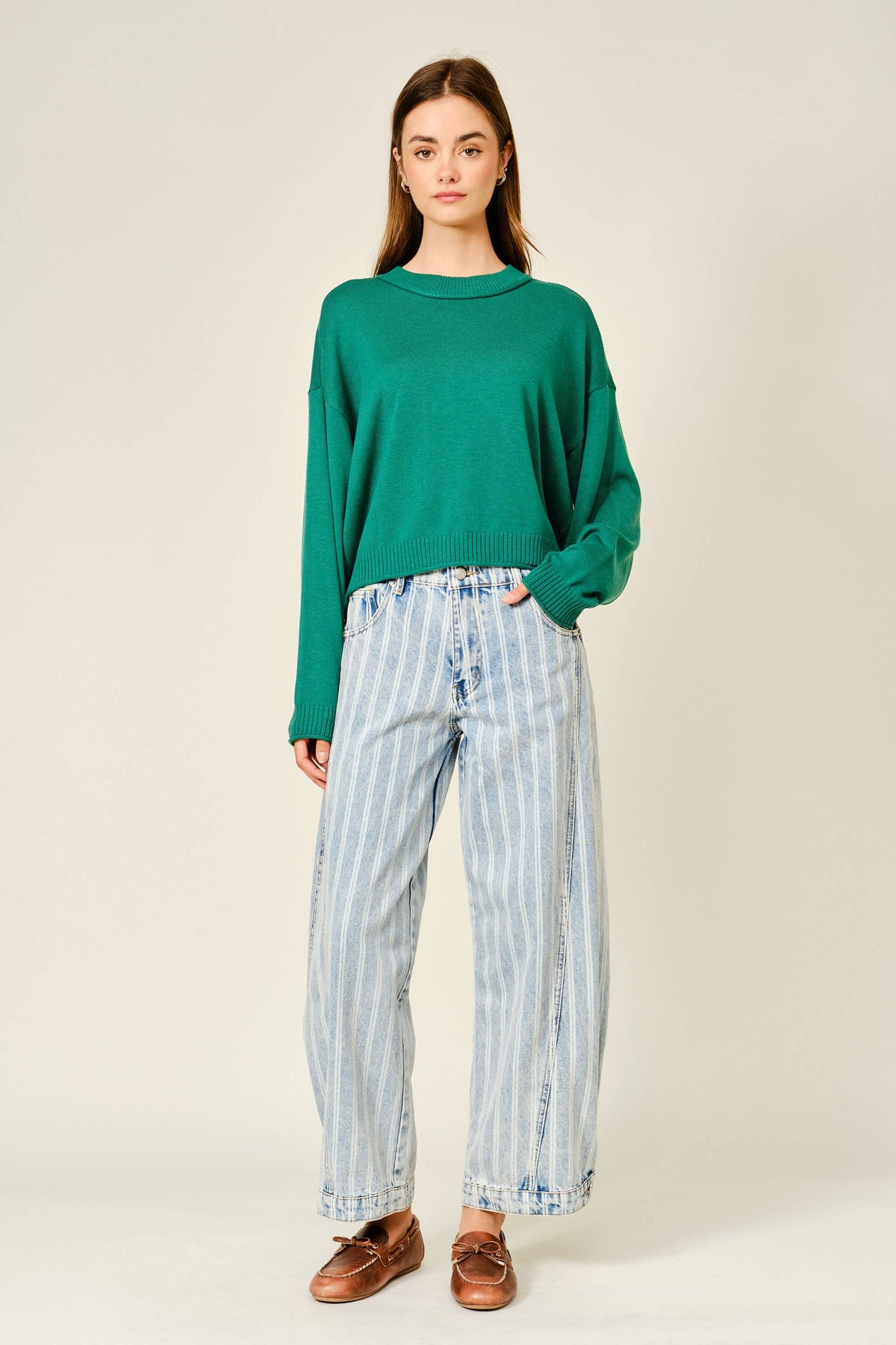 STRIPED DENIM BALLOON WASHED JEANS