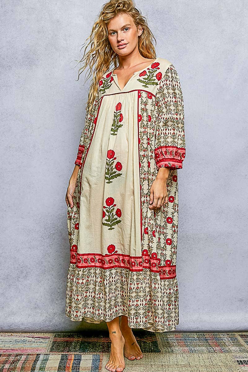 Block Print Floral Shirring Flowy Maxi Dress
