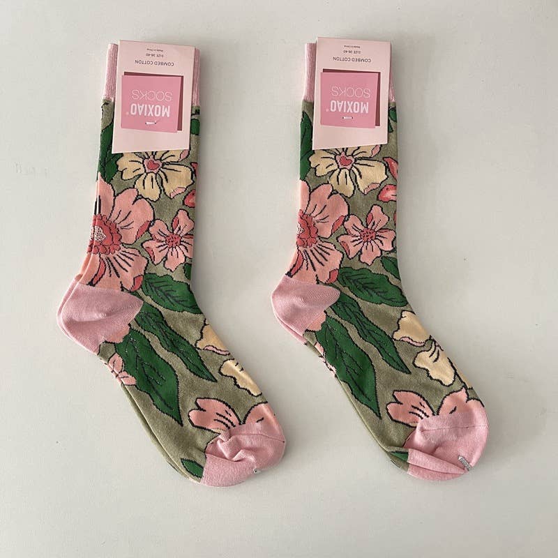 Vintage Style Rose Floral Colored Crew Socks